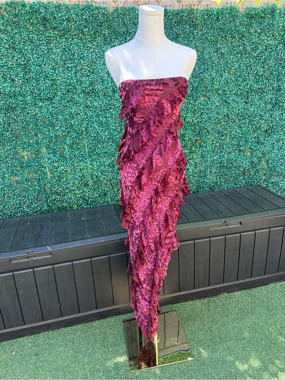 AKIRA Burgundy Strapless Floral Jacquard Dress